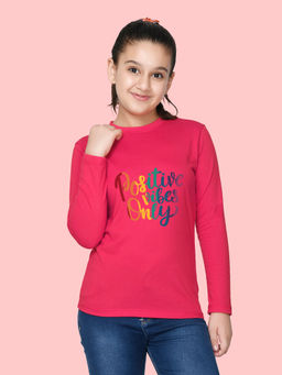 Nusyl - Girls Hot Pink Text Printed Full Sleeves T-shirt