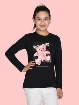 Nusyl - Girls Black Teddy Graphic Printed Full Sleeves T-shirt