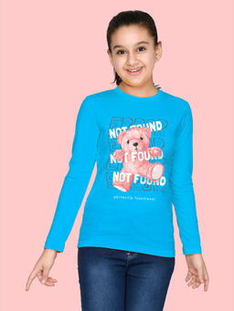 Nusyl - Girls Sky Blue Teddy Graphic Printed Full Sleeves T-shirt