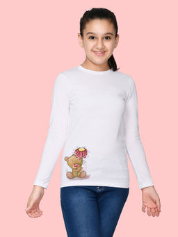 Nusyl - Girls White Teddy Bear Graphic Printed Full Sleeves T-shirt