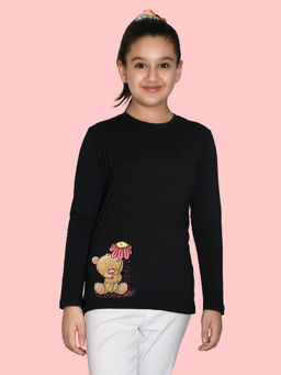 Nusyl - Girls Black Teddy Bear Graphic Printed Full Sleeves T-shirt