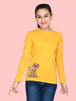 Nusyl - Girls Yellow Teddy Bear Graphic Printed Full Sleeves T-shirt