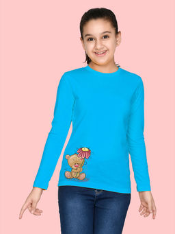 Nusyl - Girls Sky Blue Teddy Bear Graphic Printed Full Sleeves T-shirt
