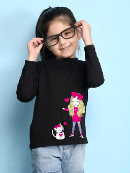 Nusyl - Girls Black Graphic Cat Printed Full Sleeves T-shirt