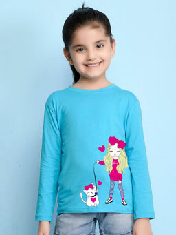 Nusyl - Girls Sky Blue Graphic Cat Printed Full Sleeves T-shirt