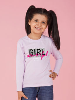 Nusyl - Girls Lavender Text Printed Full Sleeves T-shirt