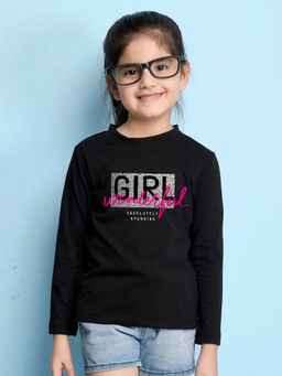 Nusyl - Girls Black Text Printed Full Sleeves T-shirt