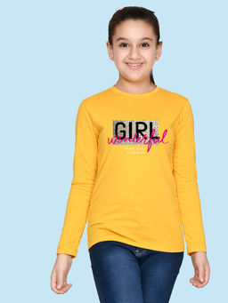 Nusyl - Girls Yellow Text Printed Full Sleeves T-shirt