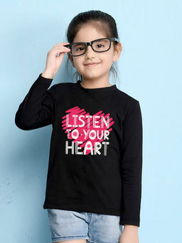 Nusyl - Girls Black Listen To Your Heart Text Printed Full Sleeves T-shirt
