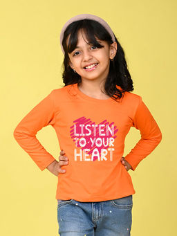 Nusyl - Girls Orange Listen To Your Heart Text Printed Full Sleeves T-shirt