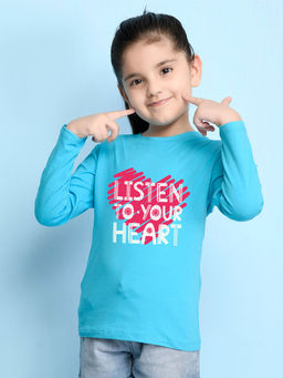 Nusyl - Girls Sky Blue Listen To Your Heart Text Printed Full Sleeves T-shirt