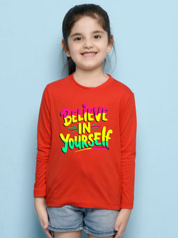 Nusyl - Girls Red Believe In Yourself Text Printed Full Sleeves T-shirt