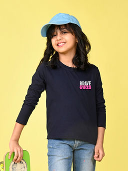 Nusyl - Girls Navy Blue Brave Text Printed Full Sleeves T-shirt