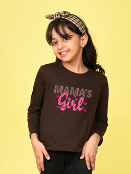 Nusyl - Girls Brown Text Printed Full Sleeves T-shirt