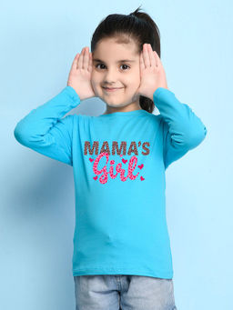 Nusyl - Girls Sky Blue Text Printed Full Sleeves T-shirt