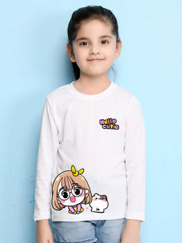 Nusyl - Girls White Graphic Printed Full Sleeves T-shirt