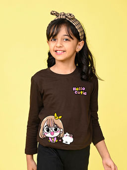 Nusyl - Girls Brown Graphic Printed Full Sleeves T-shirt