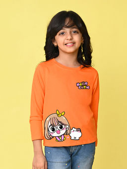 Nusyl - Girls Orange Graphic Printed Full Sleeves T-shirt