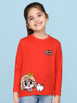Nusyl - Girls Red Graphic Printed Full Sleeves T-shirt