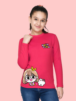 Nusyl - Girls Hot Pink Graphic Printed Full Sleeves T-shirt