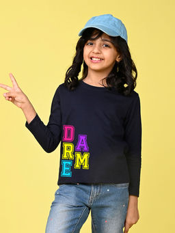 Nusyl - Girls Navy Blue Dream Text Printed Full Sleeves T-shirt