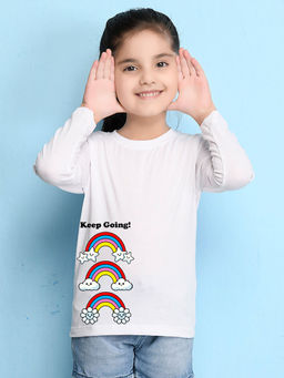 Nusyl - Girls White Rainbow Graphic Printed Full Sleeves T-shirt