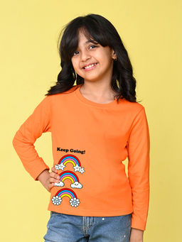 Nusyl - Girls Orange Rainbow Graphic Printed Full Sleeves T-shirt
