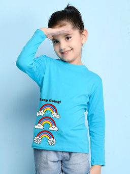 Nusyl - Girls Sky Blue Rainbow Graphic Printed Full Sleeves T-shirt