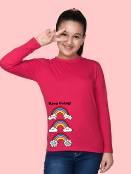 Nusyl - Girls Hot Pink Rainbow Graphic Printed Full Sleeves T-shirt