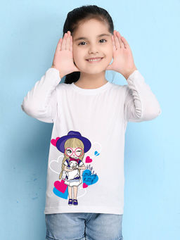 Nusyl - Girls White Cute Graphic Printed Full Sleeves T-shirt