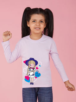 Nusyl - Girls Lavender Cute Graphic Printed Full Sleeves T-shirt