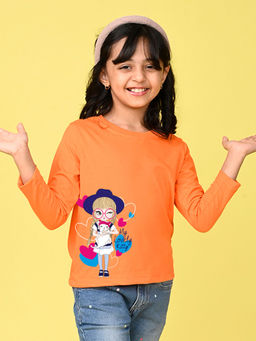 Nusyl - Girls Orange Cute Graphic Printed Full Sleeves T-shirt