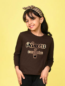 Nusyl - Girls Brown Text Printed Full Sleeves T-shirt