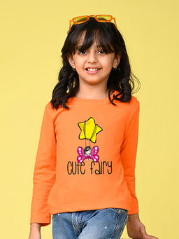Nusyl - Girls Orange Graphic Printed Full Sleeves T-shirt