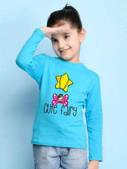 Nusyl - Girls Sky Blue Graphic Printed Full Sleeves T-shirt