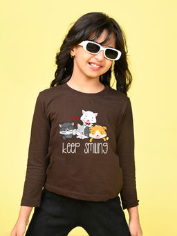 Nusyl - Girls Brown Graphic Printed Full Sleeves T-shirt