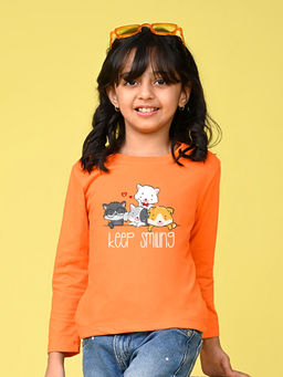 Nusyl - Girls Orange Graphic Printed Full Sleeves T-shirt