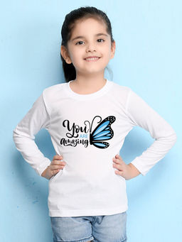 Nusyl - Girls White Butterfly Printed Full Sleeves T-shirt