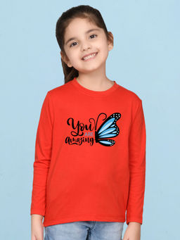 Nusyl - Girls Red Butterfly Printed Full Sleeves T-shirt