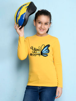 Nusyl - Girls Yellow Butterfly Printed Full Sleeves T-shirt