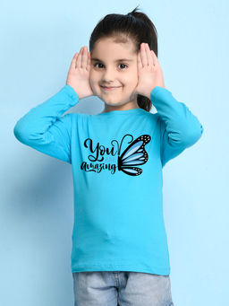 Nusyl - Girls Sky Blue Butterfly Printed Full Sleeves T-shirt