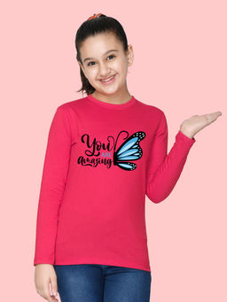Nusyl - Girls Hot Pink Butterfly Printed Full Sleeves T-shirt