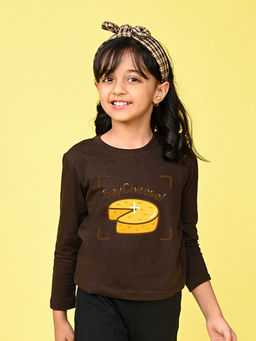 Nusyl - Girls Brown Graphic Printed Full Sleeves T-shirt