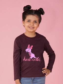 Nusyl - Girls Wine Dinosaur Graphic Printed Full Sleeves T-shirt