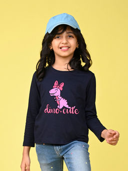 Nusyl - Girls Navy Blue Dinosaur Graphic Printed Full Sleeves T-shirt