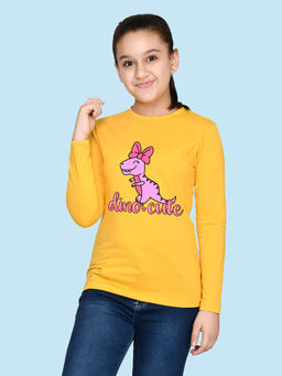 Nusyl - Girls Yellow Dinosaur Graphic Printed Full Sleeves T-shirt