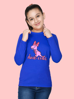 Nusyl - Girls Royal Blue Dinosaur Graphic Printed Full Sleeves T-shirt