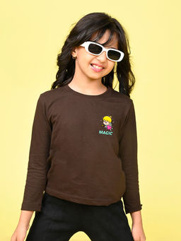 Nusyl - Girls Brown Graphic Printed Full Sleeves T-shirt