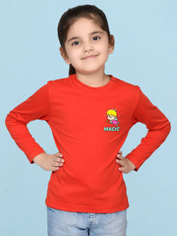 Nusyl - Girls Red Graphic Printed Full Sleeves T-shirt