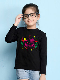 Nusyl - Girls Black Little Princess Printed Full Sleeves T-shirt